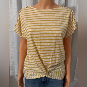 Cute Stitchworks size M mustard yellow white striped short sleeve twist shirt